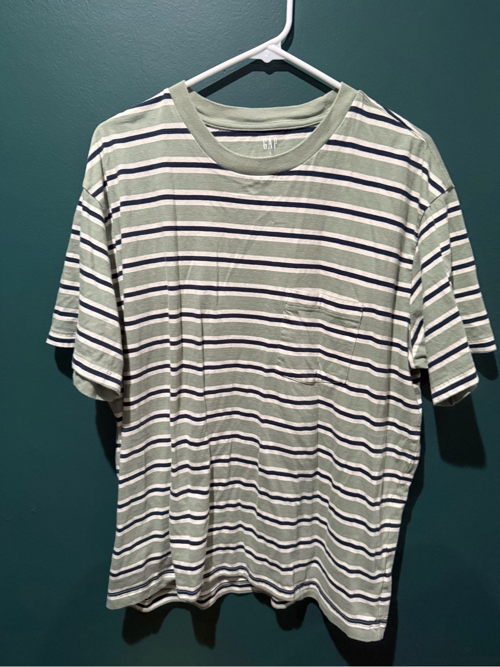 GAP Olive Green and White Striped Pocket Tee